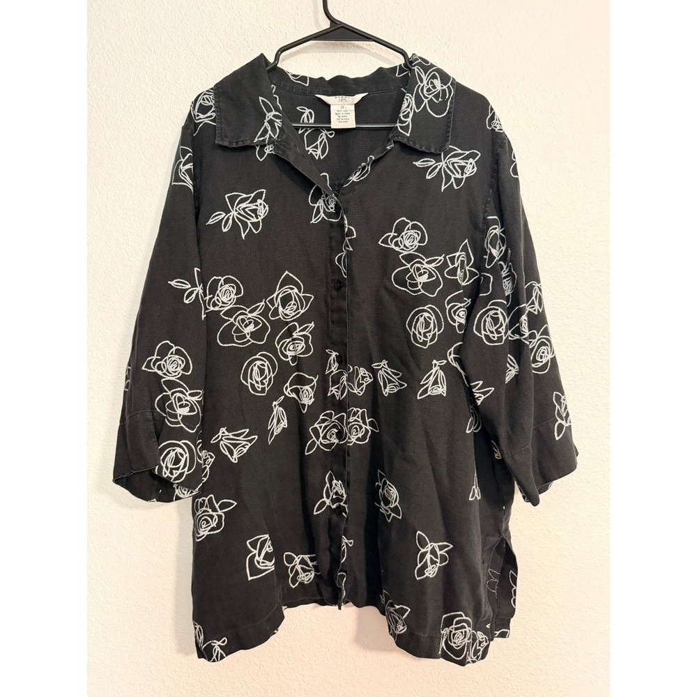 Vintage 2X Black Linen Embroidered Rose Button Down Shacket Shirt Plus Size